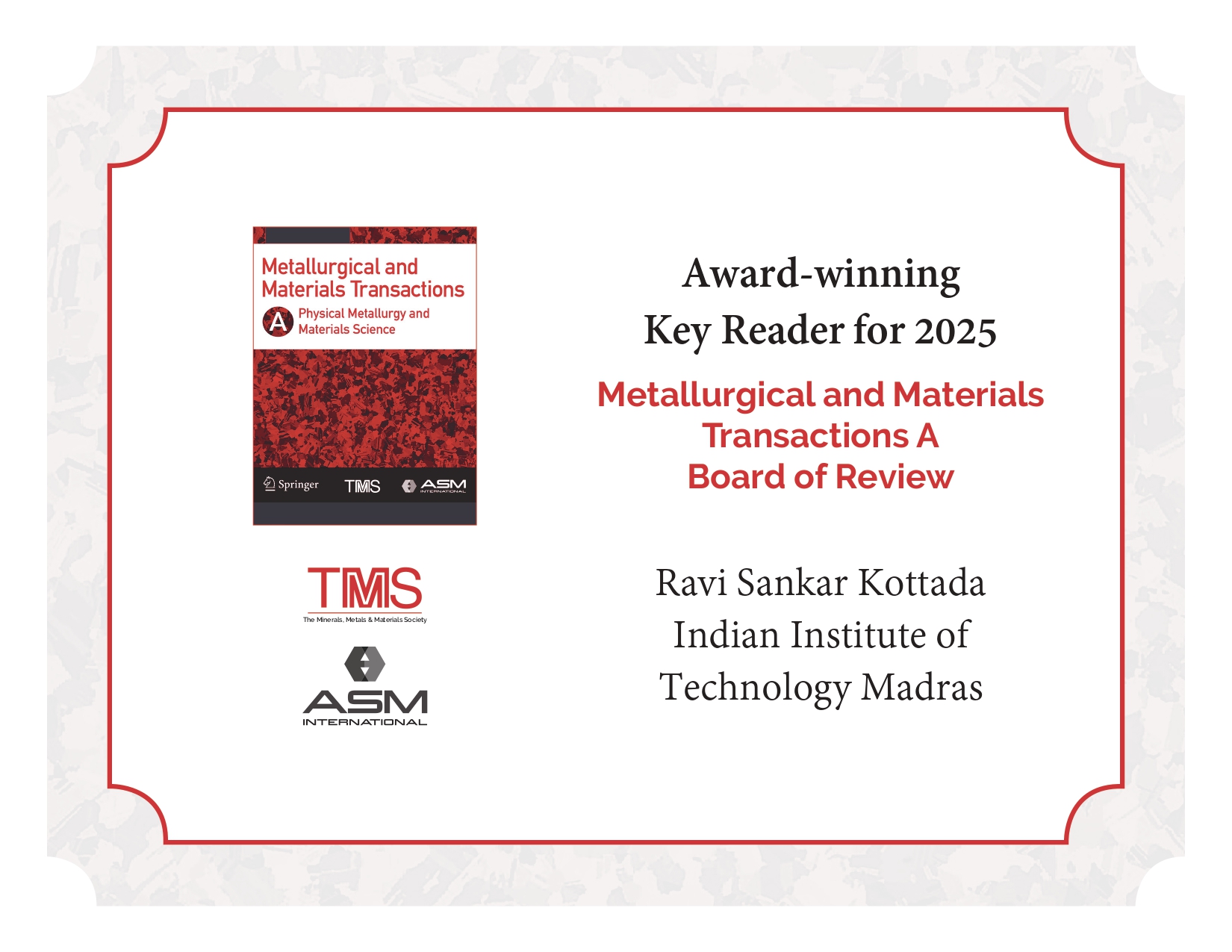 Prof. Ravi Sankar Kottada has been conferred the Award-winning Key Reader for 2025